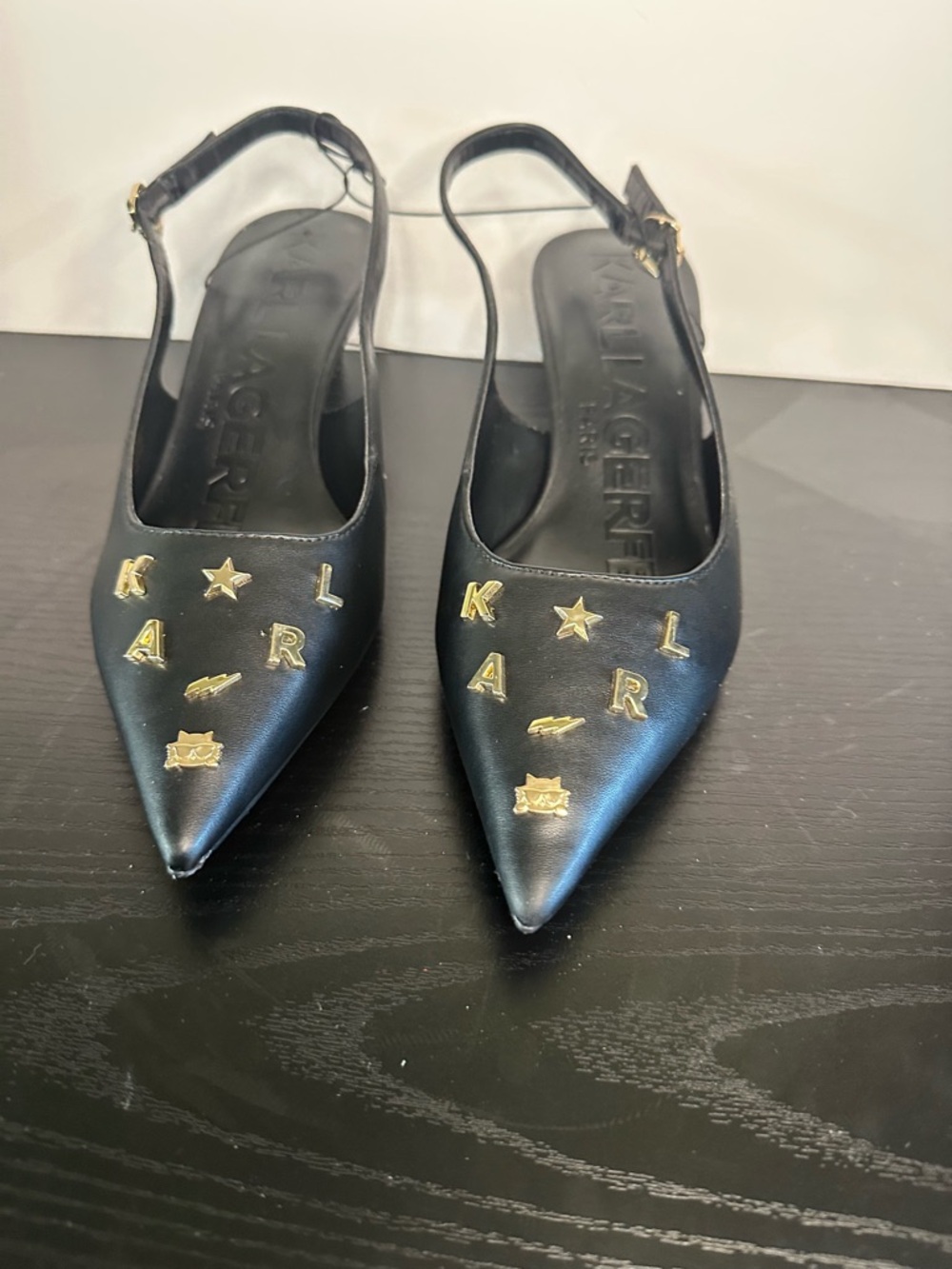 Karl Lagerfeld Black Pointed Slingback Pumps with Gold Logo Studs